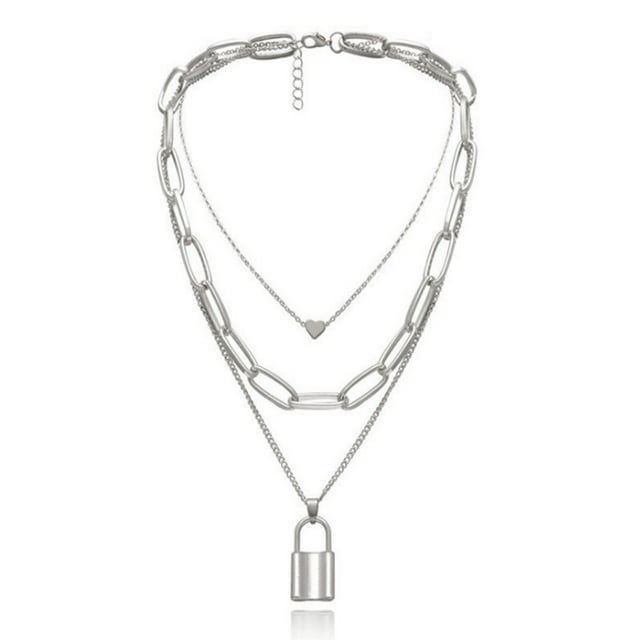 Cerradura Collar Colgante Simple Lindo Corazón Collares Largo 3 Cadena Multicapa Joyería de Moda Mujeres Niñas Regalo para Ella Plata Sailing Electrónica
