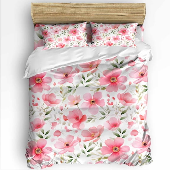 Pink Flowers Queen Size Comforter Set, Spring Floral Watercolor Plant Soft Bedding for All Seasons, 4 Pcs Bed Set with 1Comforter (90"x92") ,1 Sheet(94"x116"), 2 Pillowcases (19"x29")
