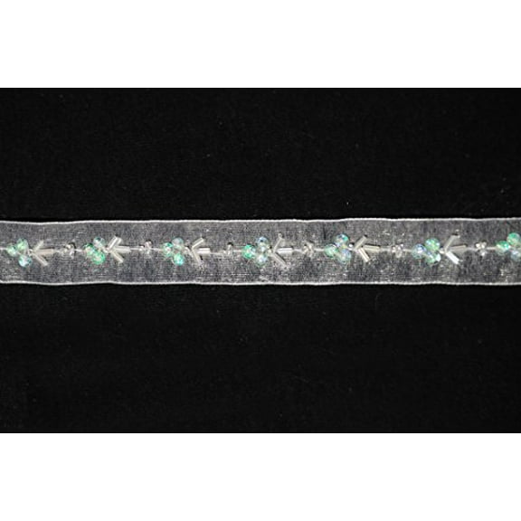 Altotux 0.75" White Sheer Organza Lace Trim with Light Green Iridescent Beading
