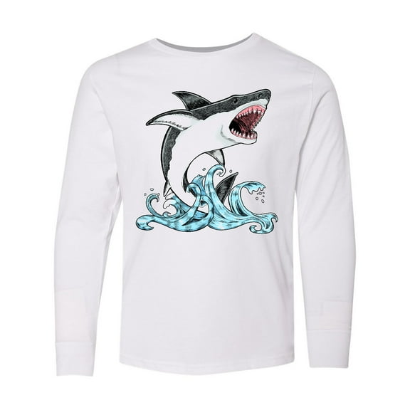 Inktastic Great White Shark Jumping Long Sleeve Youth T-Shirt