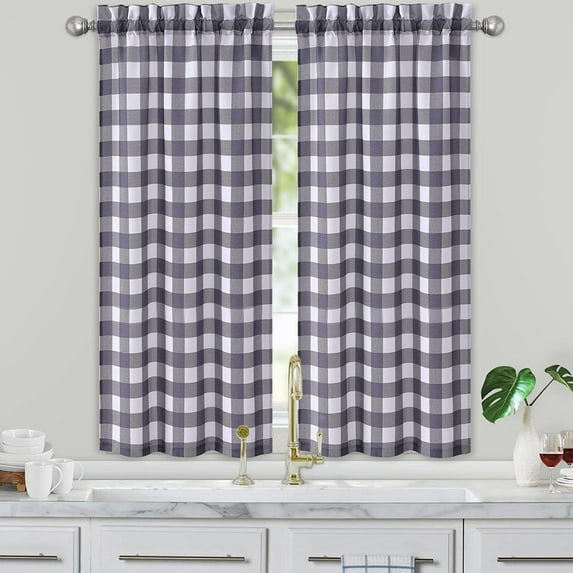 Coolmee 30 Inch Length Buffalo Plaid Tiers Curtains Rod Pocket Kitchen Curtain Water Resistant Half Window Curtain for Bathroom,Navy Blue/White, Set of 2,Blackout