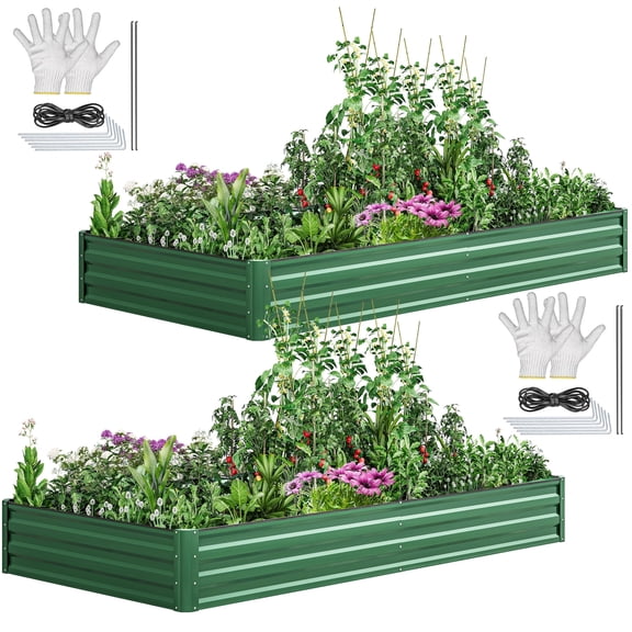 Dextrus 8x4x1Ft Large Raised Garden Bed Kit, Galvanized Metal Planters w/ Accessories & Gloves, 2Pcs, Green