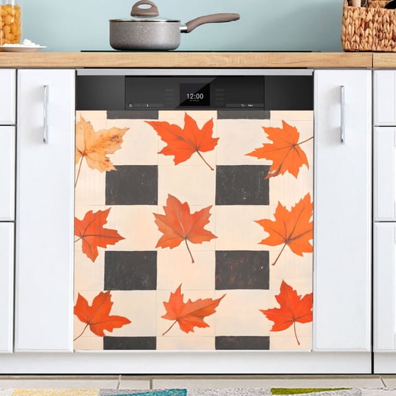 Ryvnso Autumn Leaves on Black Checkered Dishwasher Magnetic Refrigerator Magnet Cover Kitchen Home Decorative 23"x26"