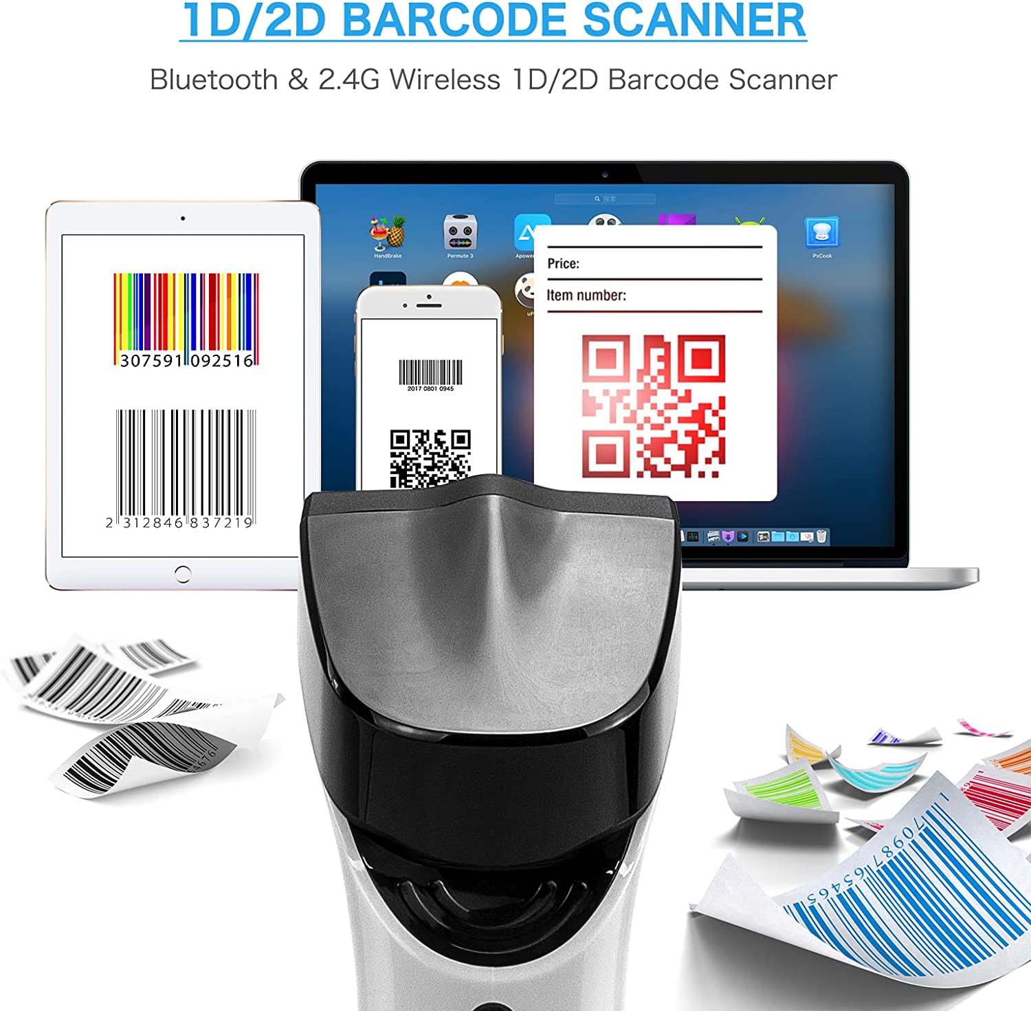 NETUM Bluetooth Wireless 2D Barcode Scanner with Charging Cradle, Hands Free Automatic Sensing Bar Code Reader 1D 2D QR pdf417 Scan Gun Works with MAC OS, Windows, iOS, Android - DS7500