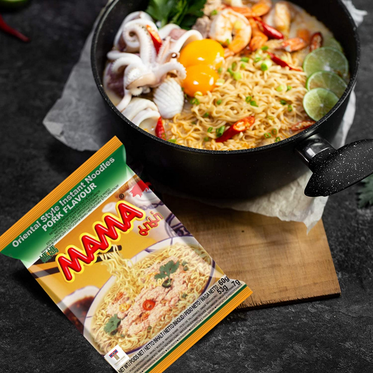HCG Mama Noodles Pork Ramen Variety 24 Pack with Chopsticks, Original, Spicy, Tom Yum and Rice Vermicelli Spicy Pork (Moo Nam Tok) 6 Each