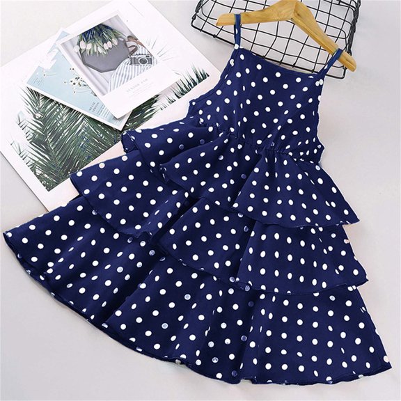 BLTIBY Girl's Kids Spaghetti Strap Dresses Beach Dress Cute Tiered Cami Tank Dress Sleeveless Round Neck Polka Dot Printed Skirts for 3-12 Years Blue 7-8 Years
