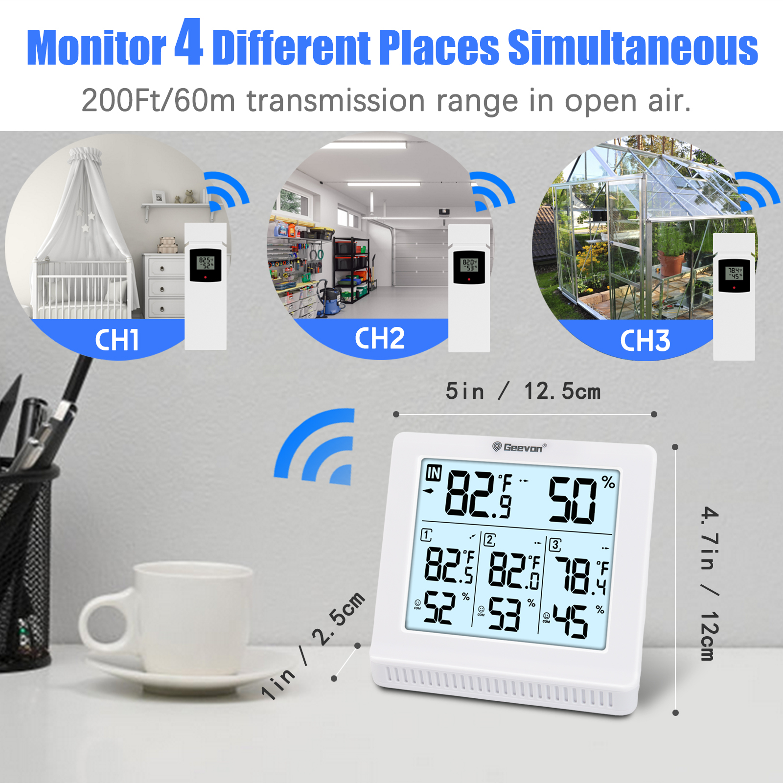 Geevon Indoor Outdoor Thermometer Wireless with 3 Remote Sensors, Wireless Thermohygrometer, Digital Temperature Humidity Meter with Backlight, 200FT/60M Transmission