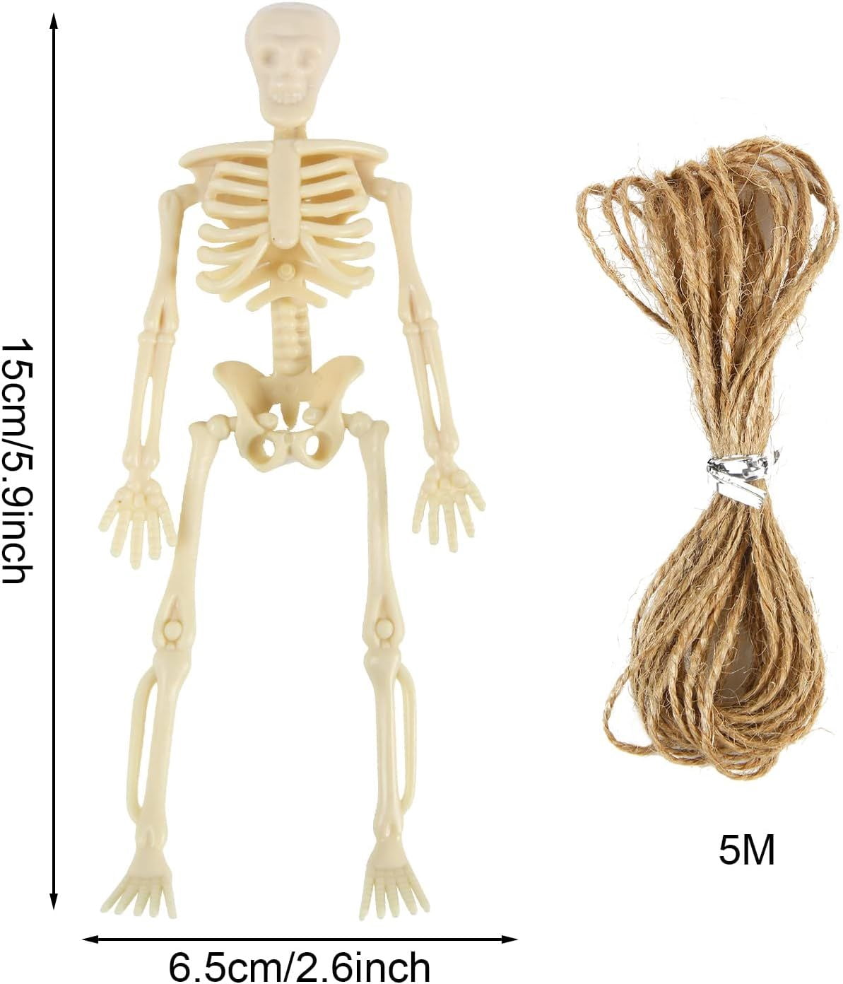6 Pack Posable Mini Skeleton Figurines with Jute Rope for Halloween Decor