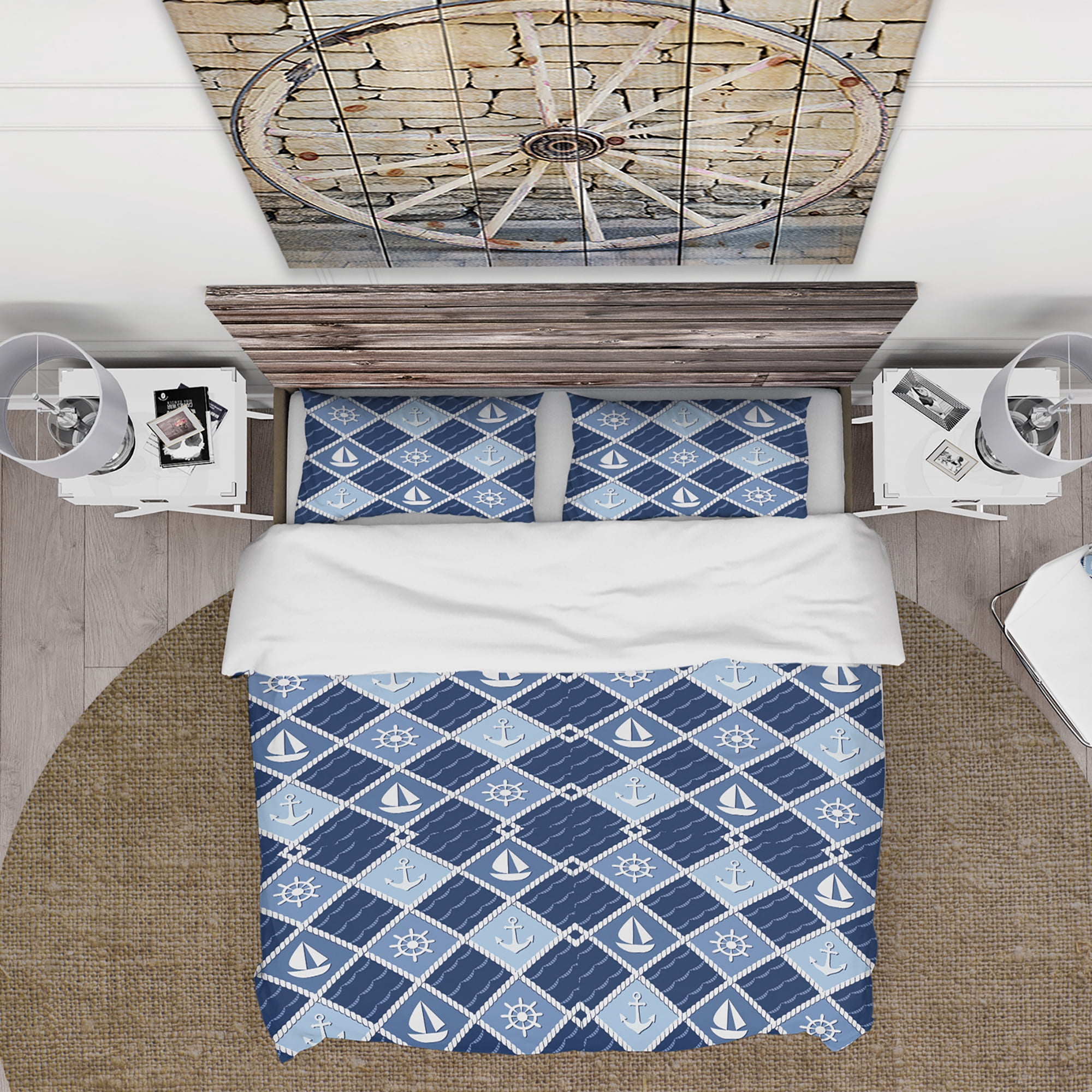 Designart 'Anchor and sailboat on blue waves' Coastal Duvet Cover Set