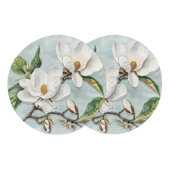 Round Placemats Farmhouse Rustic Magnolia 15 inch Set of 2 Table Mats for Dining Table White Green Heat Resistant Non-Slip Kitchen & Home Decorative Place Mat Set