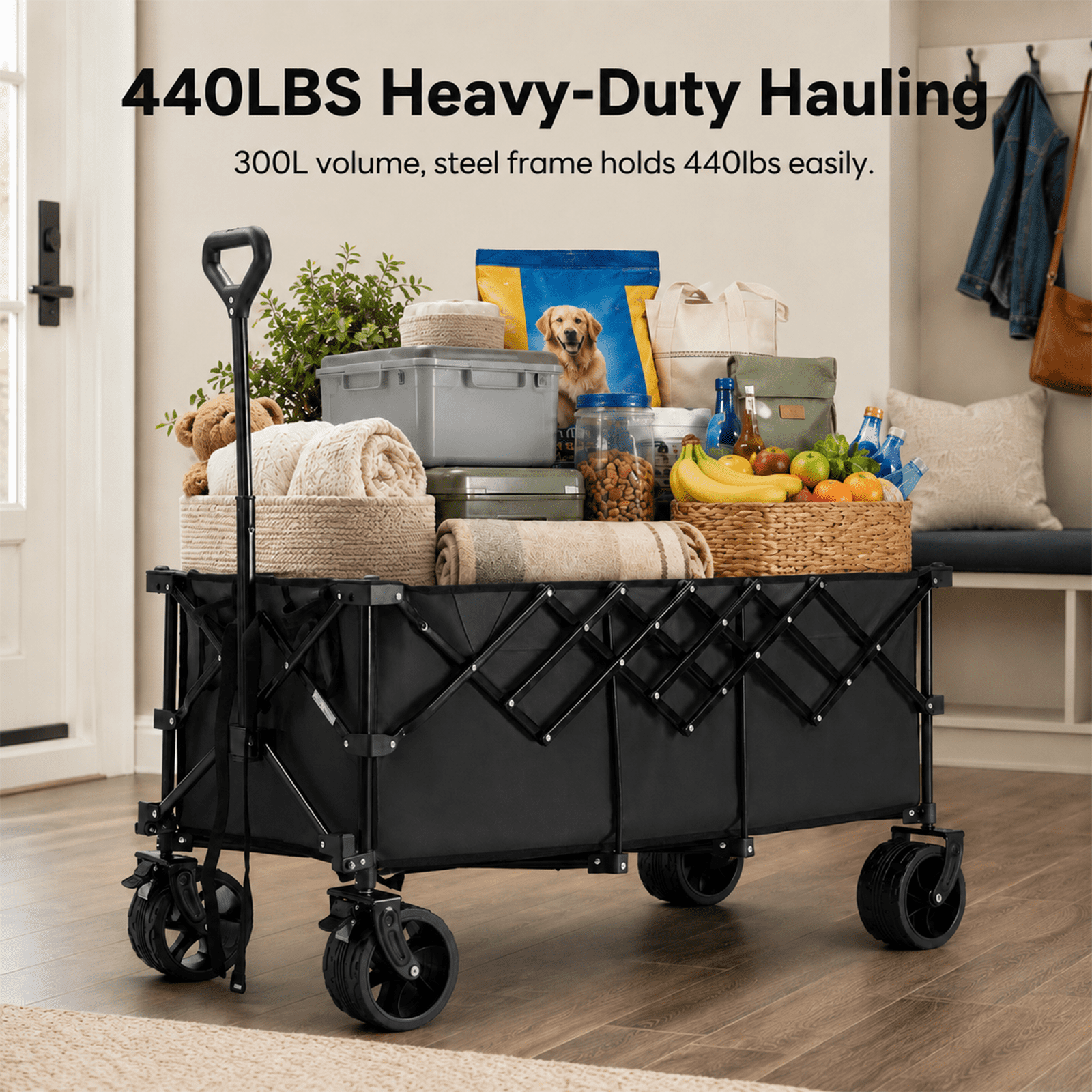 Alvantor 300L Folding Wagon Cart with 440lb Capacity, Heavy Duty Utility Wagons with All-Terrain Wheels, Foldable Grocery Carts for Gardening, Shopping, Beach, Camping