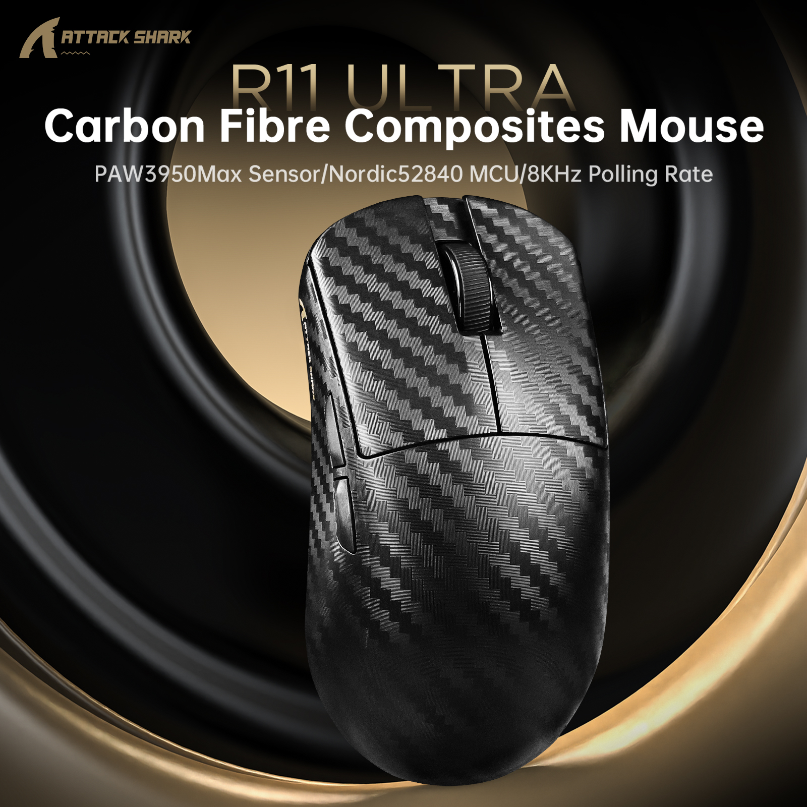 ATTACK SHARK R11 ULTRA Carbon Fiber Wireless 8K PAW3950MAX Gaming Mouse with C06 Ultra LED Cable