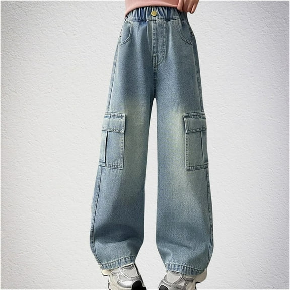 Juslio Girls Pants Casual Unisex Child Jeans Loose Straight Leg Wide Leg Navy