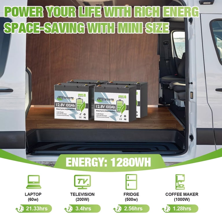 TCBWORTH 12V 100Ah LiFePO4 Battery, Bluetooth Monitoring