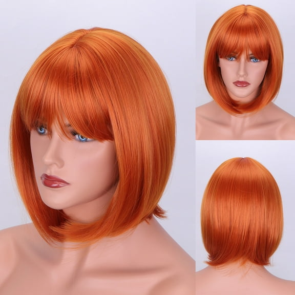 Zhuge Short Straight Bob Wigs with Air Bangs Honey Brown Wig for Women Shoulder Length Heat Resistant Fiber Hair Wigs，Orange