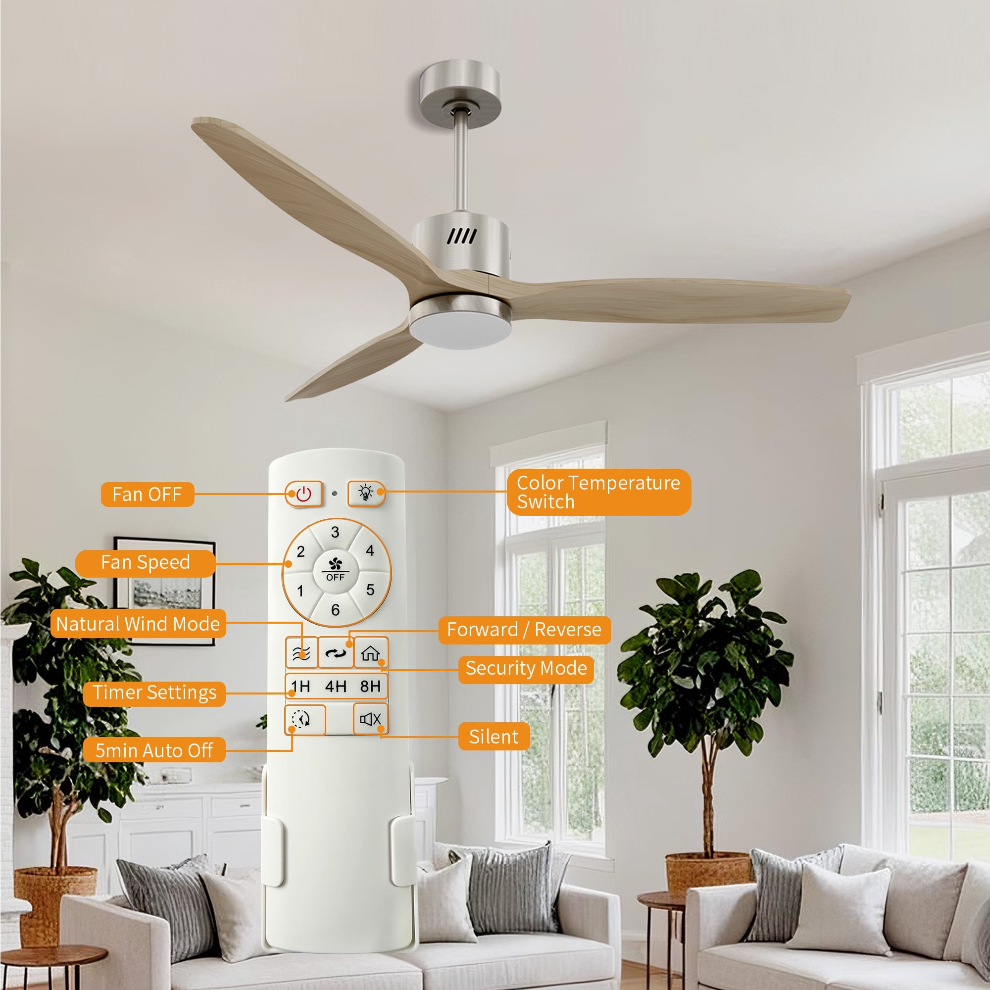 Taimei Glio 52 in. Nickel Light Oak Downrod Standard Ceiling Fan with LED with Remote Included DC Motor