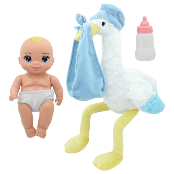 Magic Nursery: 8" Special Delivery Set - Blue - Posable Newborn Baby Doll, Large Plush Stork, Bottle, Hard Body, New Adventures, Toddler & Kids Age 2 
