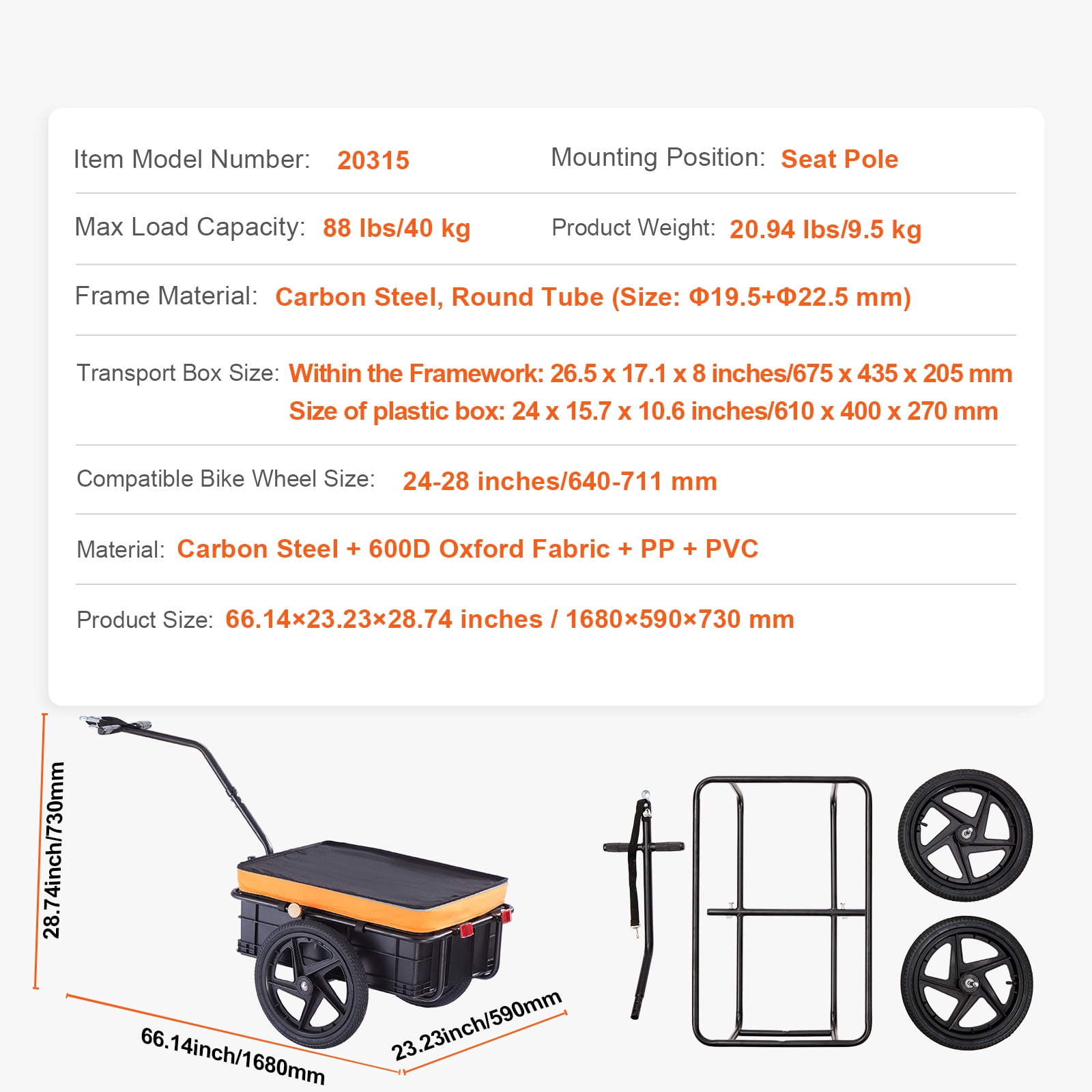 KFFKFF Bike Trailer for Cargo, 88 lbs Capacity, Sturdy Transport Cart, Foldable Design for Easy Storage, Comes with Water-Resistant Cover, 16' Wheels, Safety Reflectors, Fits 24'-28' Bikes