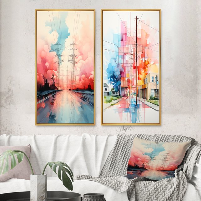 Designart "Colorful Power Lines Gridscape Charm III" Lignes Électriques Encadrées Wall Art Ensemble de 2 - Galerie de Cadre d'Architecture Multicolore pour la Décoration de Bureau