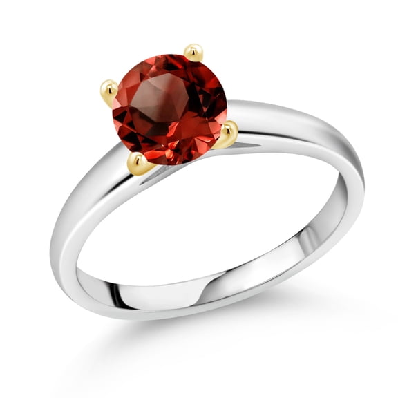 Gem Stone King 1.50 Ct 7mm Round Red Garnet 925 Silver and 10K Yellow Gold Ring Ring (Size 7)