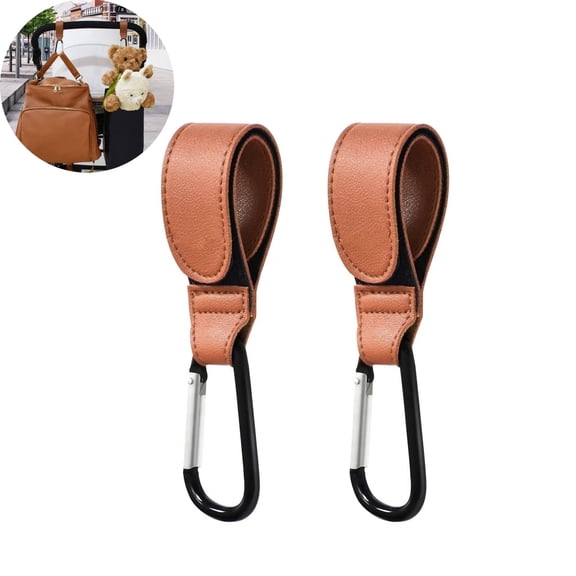 OFEFE 2 Pcs Stroller Hooks for Hanging,Durable Leather Style Stroller Clip Straps, Baby Hooks for Diaper Bags Grocery Shopping Bags,Mommy Hook(Brown)