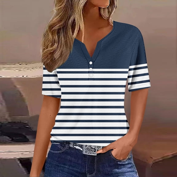 Women's Casual Printed V-Neck Button T-Shirt, Short Sleeve Blouse, Loose Fit Fashion Top, Versatile and Comfortable for Everyday Wear, Available in Multiple Sizes and Colors for Spring/Summer