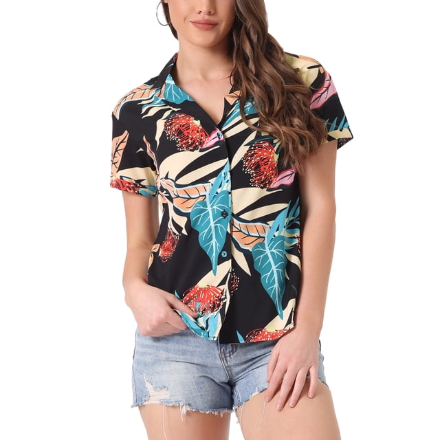 CAMISAS DE MUJER INSPIRADAS CHIC Hawaianas de Manga Corta con Botones de Flores Tropicales en Negro