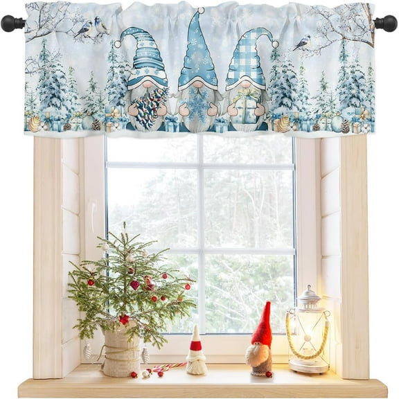 Rdsfhsp Christmas Window Valance Blue Gnomes Window Treatment Snowy Snowflakes Xmas Tree Rod Pocket Curtain Valance 54x18 inch Birds Winter Blue Xmas Kitchen Valance for Bedroom Bathroom Kitchen