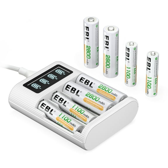 EBL AA AAA Rechargeable Batteries (4 Pack) with LCD Smart Battery Charger - AA Rechargeable Battery and Rechargeable AAA Batteries