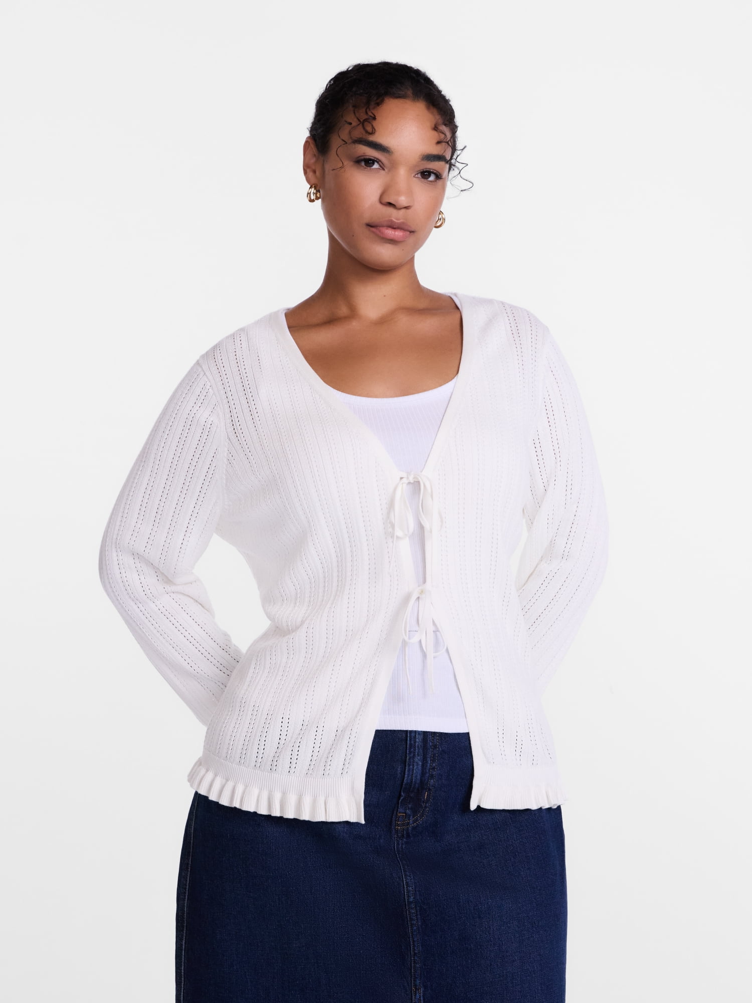 Scenario Women's Eyelet Tie Front Cardigan, Lightweight, Sizes XS-XXXL
