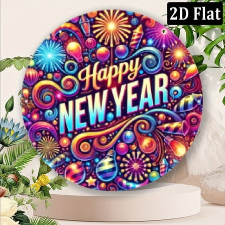 2D Flat, 1pc 8x8 Inch Aluminum Happy New Year Metal Sign - Vibrant Fireworks Stars Circular Wall Art for IndoorOutdoor Home, Office, Bar Decor - Durable Holiday Decoration, No Batteries Needed