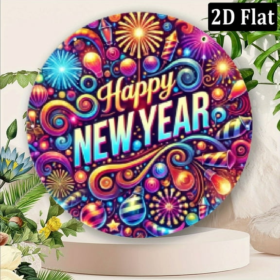 2D Flat, 1pc 8x8 Inch Aluminum Happy New Year Metal Sign - Vibrant Fireworks Stars Circular Wall Art for IndoorOutdoor Home, Office, Bar Decor - Durable Holiday Decoration, No Batteries Needed