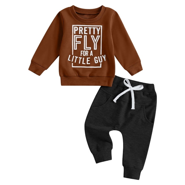 Caqnni Boys Spring Comfort Set Sweatshirt and Matching Joggers Pants Lightweight for Spring Weather(A01-Brown,0-6 Months)