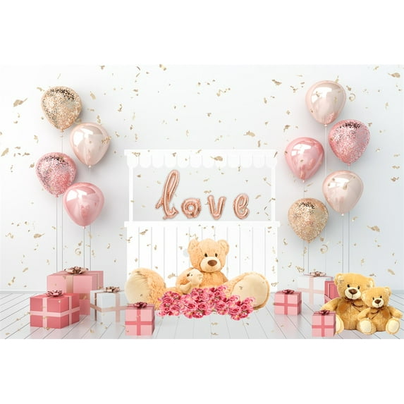 Kate 6.5x6.5ft Valentines Day Fabric Background for Photography Teddy Bear Balloons Decorations Wedding Party Background Photo Backdrop