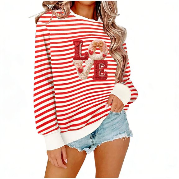 Valentines Day Sweatshirts for Women Heart Print Long Sleeve Sweater Pullover Casual Striped Crewneck Valentine Shirts, S White