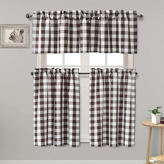 3 Piece Semi Sheer Kitchen Curtains - Light Filtering Buffalo Plaid Tier and Valance Window Curtains Set, Coffee and White, 52 W x 18 L (1 Panel)   26 W x 36 L (2 Panels)