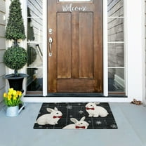 Cute Christmas Rabbit Snowflakes Dark Green Plaids Doormats Welcome Mats Gate Pads Entryway Outdoor 32" x 20"