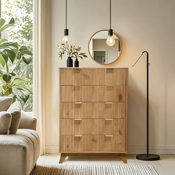 Yellow Fluted 5 Drawer Dresser 48in Tall Wood Chest of Drawers Curved Edge Modern Storage Cabinet for Bedroom Living Room Entryway Oak