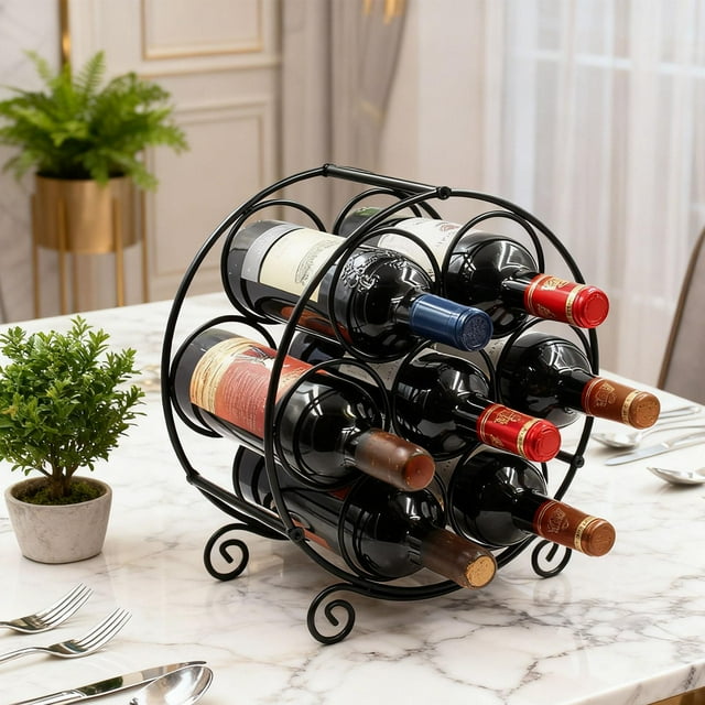 Botellero pequeño de mesa para vino, organizador de bebidas, soporte para botellas de metal multiusos, soporte para bar, hogar y restaurante.