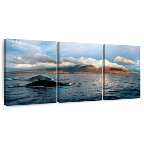 Elephant Stock Maui Humpback Whales Wall Art - Horizontal Multi Panel Canvas - Living Room Wall Decor - Places Multi Panel - Gray And Blue Decor - 26" x 12"