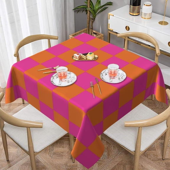 Square Table Cloth, Pink Orange Checkered Pattern Tablecloths Washable Table Cover for Kitchen Dinning Party Tabletop Modern Decoration,60inch