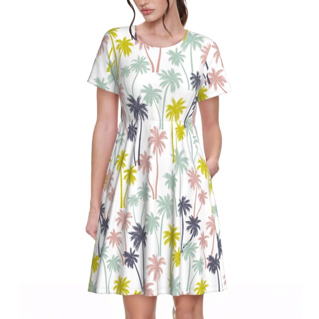 Disketp Hawaiian Coconut Tree para Vestido de Manga Corta para Mujeres, Vestidos de Verano para Mujeres, Casual y Holgado para la Playa