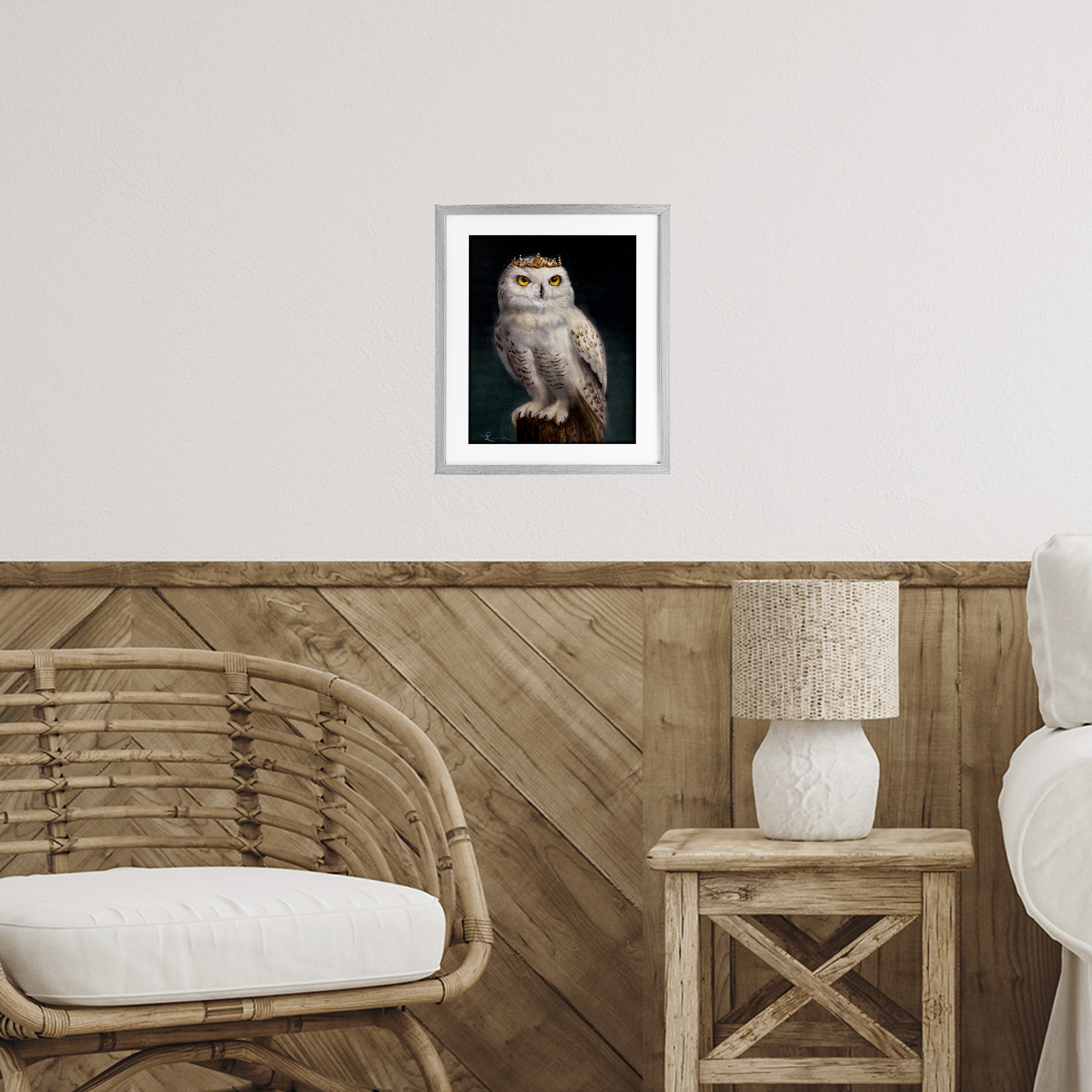 Snowy Owl King Gray Framed Print Under Glass, design by Lucia Heffernan