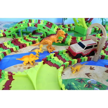 Kid Connection Dinosaur Park Track Set - Dino World, Flexible Race Track, Vehicles & Dinosaurs Included