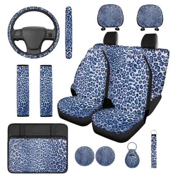 HUIACONG Blue Leopard Print Seat Covers for Cars for Women Full Set 14 Pcs Ca Seat Cover with Steering Wheel Cover Center Console Cover Seat Belt Covers Coasters Headrest Cover Keychain Universal Fit