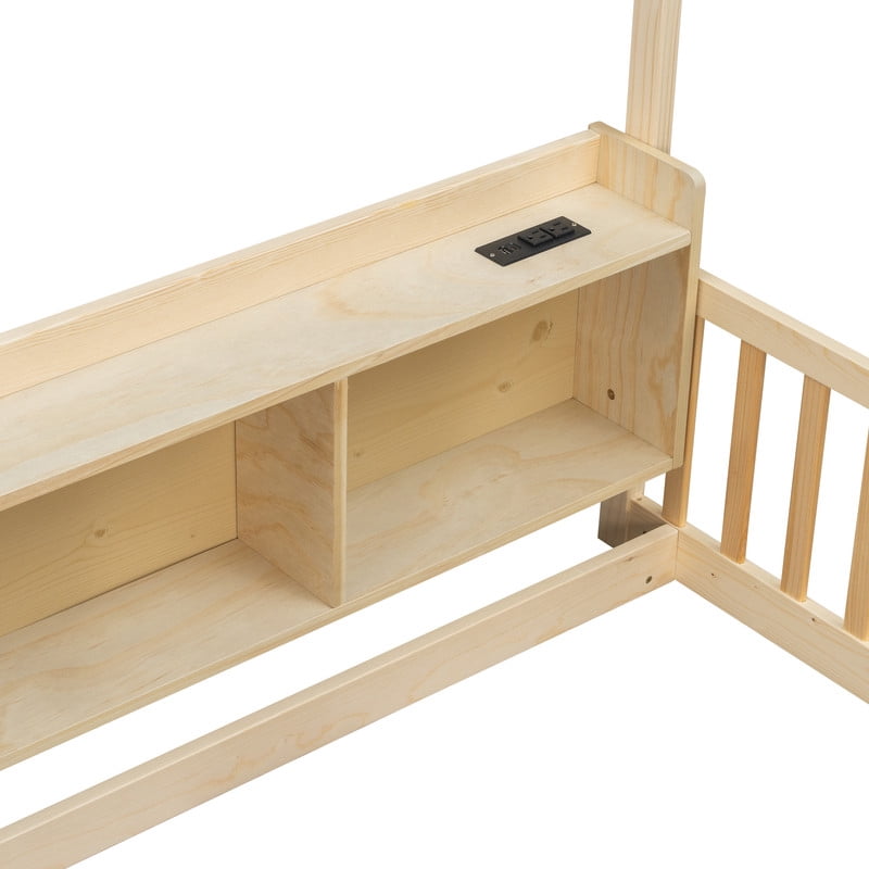 Twin Size House-Shaped Canopy Bed with Roof, Wood Kid's Floor Bed Frame with Storage Shelves, LED Lights & Charging Station