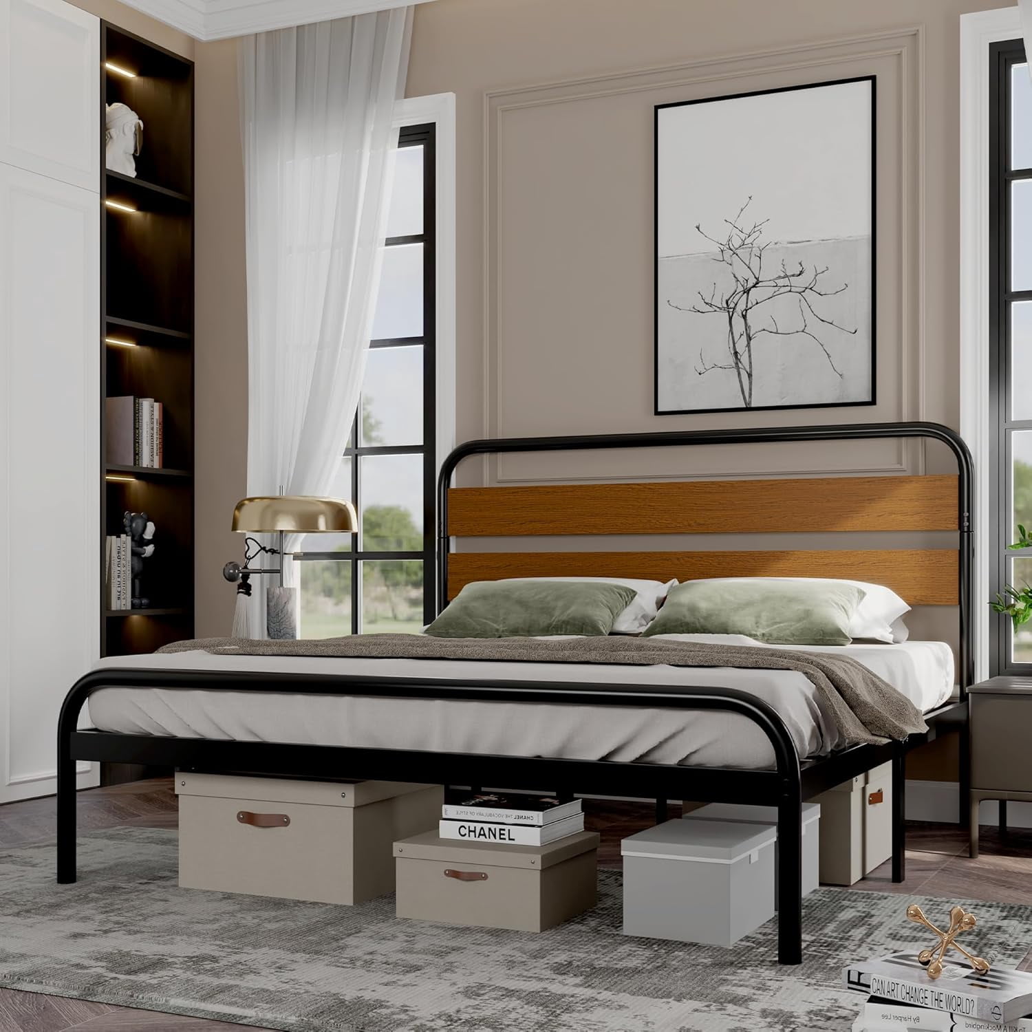 WALYWIK King Size Bed Frame, Heavy Duty Platform Frame with Wooden Headboard and Under-Bed Storage, Noise Free Design Mattress Foundation, Easy Assembly, Sandalwood Brown
