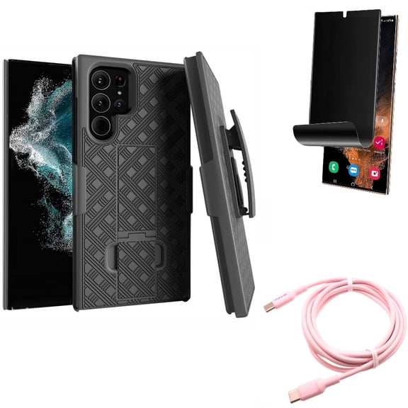 Case Belt Clip & Privacy Screen Protector & Pink 10ft Long Cable for Samsung Galaxy S22 Ultra (6.8") - Combo Holster Swivel Cover & TPU Film (Fingerprint) Anti-Peep & USB-C to Type-C PD Fast Charger