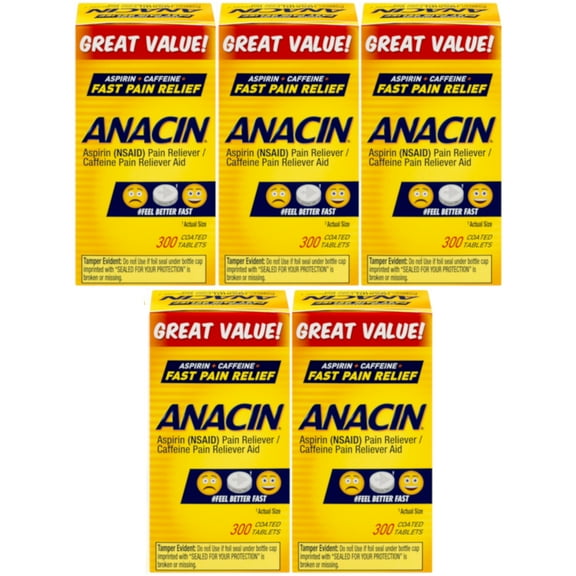 5 Pack Anacin Fast Pain Relief Aspirin & Caffeine Pain Reliever 300 Tablets Each