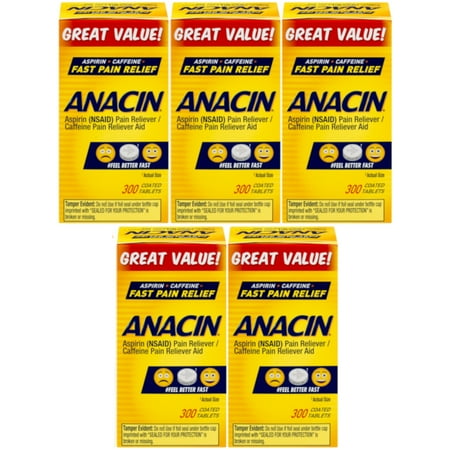 5 Pack Anacin Fast Pain Relief Aspirin & Caffeine Pain Reliever 300 Tablets Each